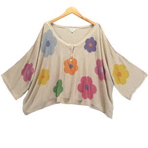 POL Womens Sz M Pink Orange Blue Daisy Floral 3/4 Sleeve Oversized Sweater NWOT